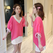 夏季韩版宽松版V领T恤女装中长款花瓣蕾丝短袖纯色上衣两件套