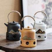 提梁壶陶瓷茶壶功夫暖茶炉，单壶煮茶器蜡烛，加热底座粗陶温茶炉套装