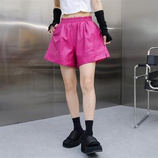阔腿裤女2023年秋季松紧，腰外穿短裤真皮粉红色，皮裤绵羊皮靴裤