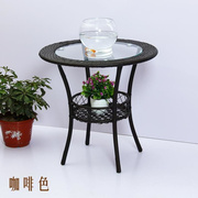 简约现代阳台储物小圆桌藤编玻璃茶几圆形，庭院小茶几休闲桌子
