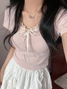 木耳边假两件粉色短袖T恤女夏季设计感蝴蝶结甜辣妹修身短款上衣