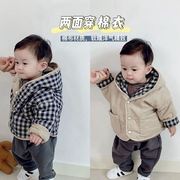 1岁宝宝冬天外套棉衣，男加厚婴儿连帽上衣，婴童两面穿格子韩版棉服