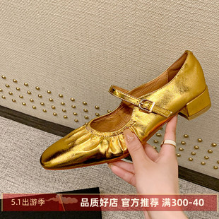Kmeizu今年流行的金银色玛丽珍鞋女春夏季软真皮奶奶鞋一字扣单鞋