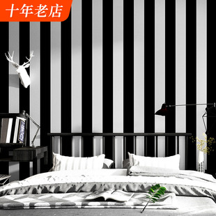 竖条纹墙纸现代简约工业风黑白黑色银灰色卧室客厅电视背景墙壁纸