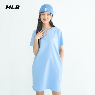 MLB 女子长裙2022夏季运动连衣裙蓝色圆领长款NY短袖T恤