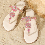 人字拖鞋女2024花型粉色水钻仙女风平底凉鞋女夹趾沙滩拖鞋女