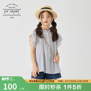 日本livheart女童格纹短袖衬衫，女2024夏季格子，衬衣儿童中大童