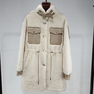 冬季韩版绵羊皮拼接羊剪绒皮草外套立领羊羔毛大衣女中长款修身特