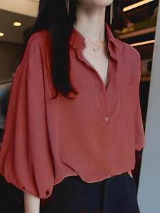 法式复古红色宽松雪纺五分袖衬衫女夏季薄款真丝设计感灯笼袖上衣