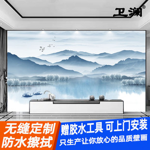 新中式山水画墙纸电视背景墙，壁纸简约现代客厅，墙布3d沙发定制壁画