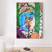 抽象卡通老虎手绘油画客厅现代艺术森林动植物装饰画玄关竖版挂画