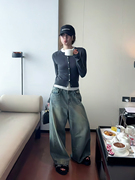 北海道miu系灰色圆领针织开衫，女小个子百搭修身短款显瘦毛衣上衣