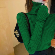 欧货秋冬绿色堆堆高领加厚修身针织打底衫女加厚加绒保暖毛衣