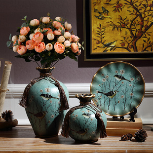 欧式陶瓷花瓶摆盘三件套美式家居客厅装饰品奢华复古手工艺品摆件