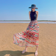 波西米亚民族风大裙摆复古a字裙显瘦印花云南半身长裙度假沙滩裙