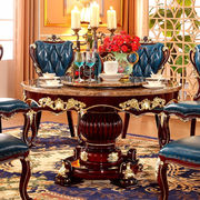 大理石餐桌实木圆桌古典实木饭桌子雕花描金餐桌椅组合555餐