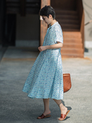 wutela原创设计夏季条纹印花亚麻短袖，连衣裙女v领系带气质中长裙