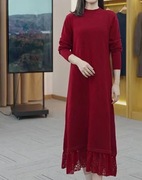 2022秋冬新纯色(新纯色)羊毛针织，连衣裙半高领洋气减龄拼接蕾丝长裙打底衫