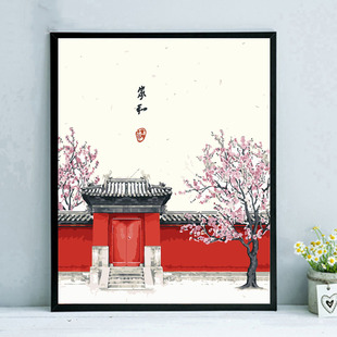 数字油画手工 diy新中式客厅中国风手绘油彩三联装饰画田园复古风