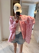 智研 韩国春夏自留时尚粉色格子竖条拼接宽松大版松弛感洋气衬衫