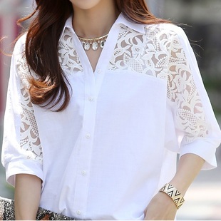 七分袖白衬衫女短袖，韩版宽松大码雪纺衫蕾丝，拼接中长款镂空上衣
