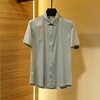 撤柜男装浅绿色短袖休闲衬衫，男2023夏季花纹，点缀舒适水洗半袖上衣