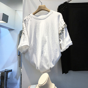 韩国东大门女装2024春夏，设计感钉珠镶钻圆领短袖，t恤女上衣潮