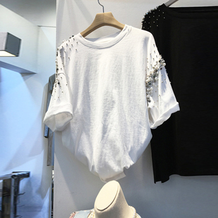 韩国东大门女装2024春夏设计感钉珠镶钻圆领短袖T恤女上衣潮