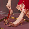 红色法式婚鞋新娘鞋女2023年夏季3cm低跟秀禾婚纱两穿水晶鞋