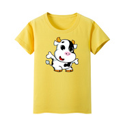 黄色女童短袖t恤宽松小牛，童装男中小童，纯棉宝宝幼儿园班服奶牛图
