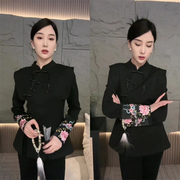 国风女装春秋新中式上衣黑色高级开叉衬衫女气质修身中式衬衣