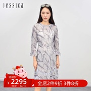 杰西卡高级灰蓝色重工刺绣蕾丝款连衣裙子马蹄袖气质款拼纱