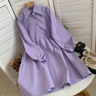 日系百搭紫色简约风连衣裙长袖翻领简洁长裙时尚休闲洋气