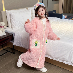 儿童睡袍睡衣冬季加厚款三层，夹棉女童小孩珊瑚，绒法兰绒浴袍家居服