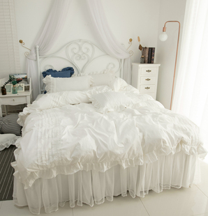 抖音同款床单四件套纯棉全棉白色被套蕾丝床裙公主风夏季床上用品
