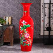 景德镇陶瓷器红色大花瓶，落地客厅摆件电视柜，花瓶红款连年有鱼