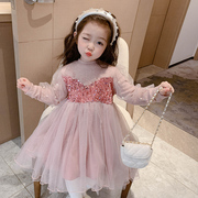女童连衣裙秋冬装2024洋气，儿童粉色加绒公主裙，高级感礼服裙子