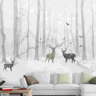 抽象黑白森林麋鹿壁画客厅，卧室沙发电视背景墙纸，北欧田园餐厅壁纸