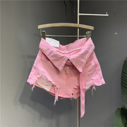 粉色减龄破洞A字牛仔裤裙2024夏季欧货设计感翻领性感超短裤