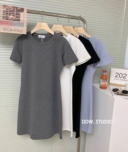 韩国2024夏季纯色纯棉中长款圆领，短袖t恤女宽松显瘦休闲百搭上衣