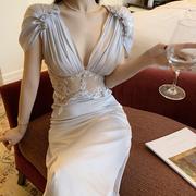 法式超仙海边度假拍照长裙，女海诺莉娜希，腊风古典女神褶皱连衣裙夏