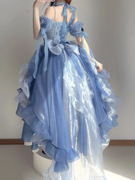 蓝色花嫁礼服lolita连衣裙，洋装洛丽塔重工拖尾蓬蓬，公主裙