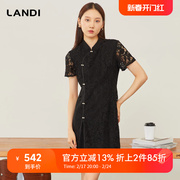 新中式LANDI黑色旗袍蕾丝连衣裙女初秋短袖裙子