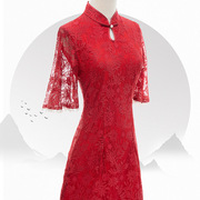 红色旗袍2024年夏季小个子敬酒服气质蕾丝改良订婚鱼尾连衣裙