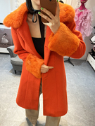 橘色皮草拼接羊毛大衣a字保暖羊毛毛呢中长款橙色，外套毛绒大翻领
