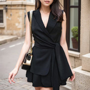 高端轻奢女装小众设计感黑色气质名媛OL通勤系带西装裙连衣裙短裙
