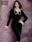 珍珠装饰华丽宫廷风真丝绒木耳边喇叭袖气质包臀打底黑色优雅长裙