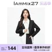 IAmMIX27春秋v领休闲西服女短款修身显瘦小众设计黑色长袖短外套