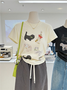 夏季韩系卡通小猫兔子动物印花宽松显瘦短袖打底T恤女半袖上衣tee