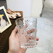 韩国小众ins简约风玻璃杯清新森系浮雕花纹水杯咖啡果汁杯啤酒杯